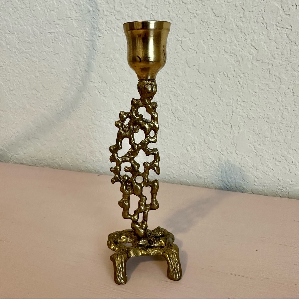 Vintage Mid 20th Century Brass Candlestick ~ Brutalist Style ~ Israel